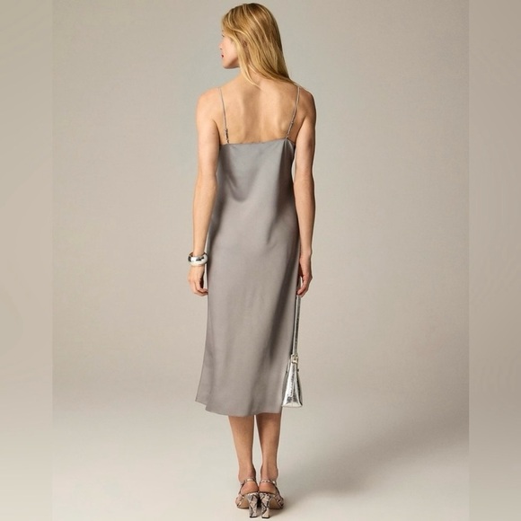 J. Crew 2 Gray Silver Satin 90s Quiet Luxury Minimalist Fairy Midi Slip Dress - Picture 2 of 11